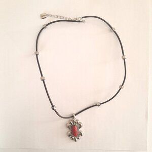 Chaps Black Brown Cord Silver Beads Coral Stone Necklace - Southwestern